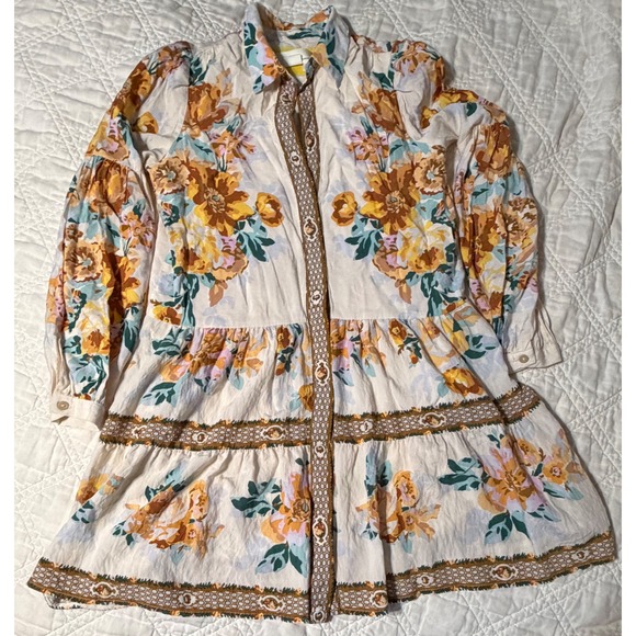 Anthropologie Dresses & Skirts - Anthropologie Postmark Floral Tiered Mini Dress XS Yellow Boho Button Front